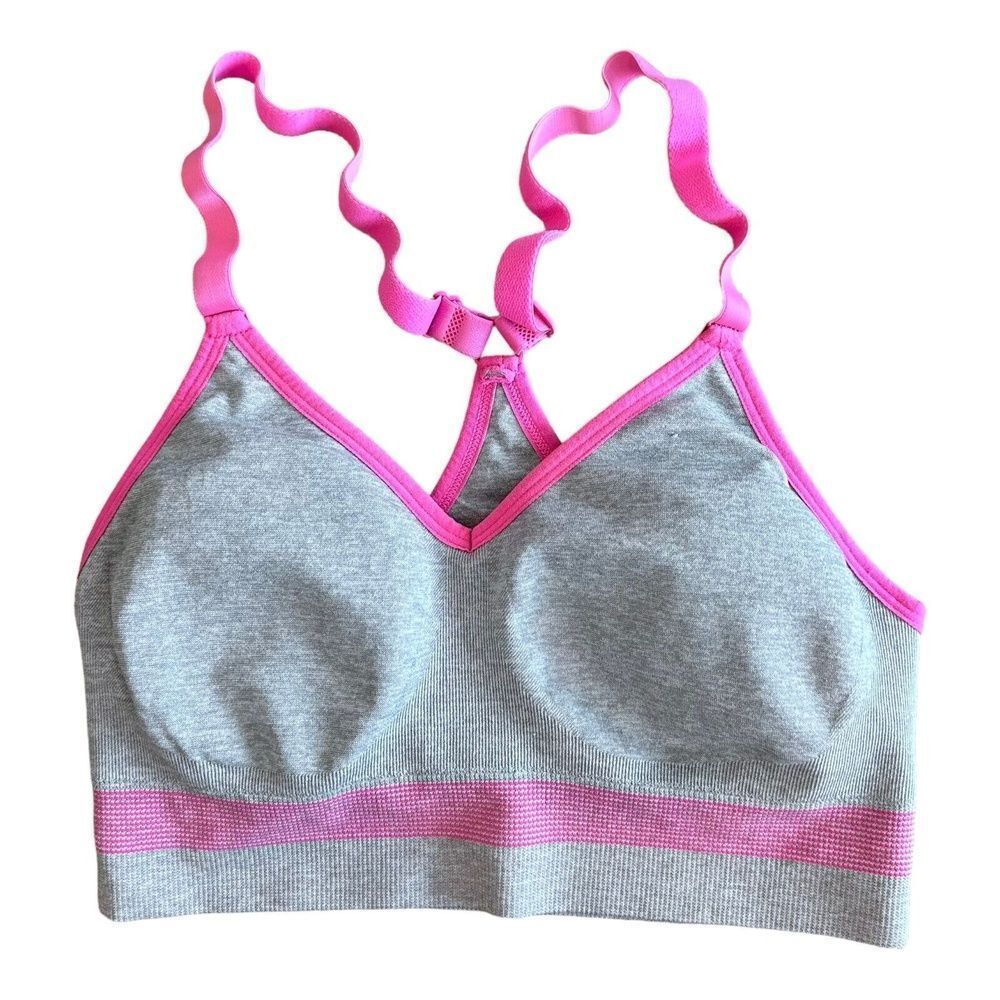 Velocity Womens Sports Bra Racerback Gray pink V-neck Solid Pullover S